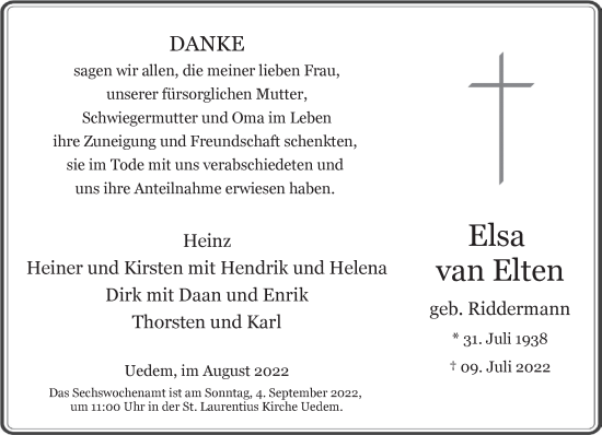 Traueranzeige von Elsa van Elten 