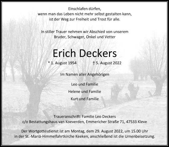 Traueranzeige von Erich Deckers 