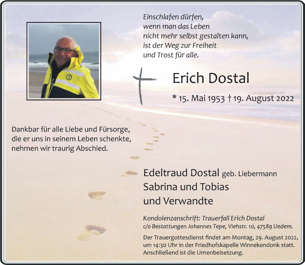  Traueranzeige für Erich Dostal vom 24.08.2022 aus 