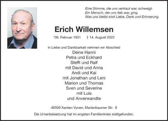 Traueranzeige von Erich Willemsen 