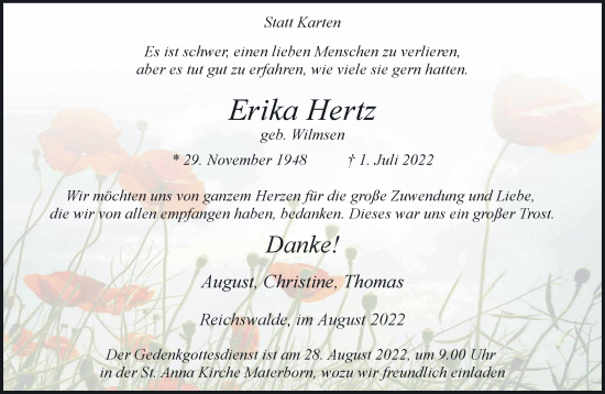 Traueranzeige von Erika Hertz 
