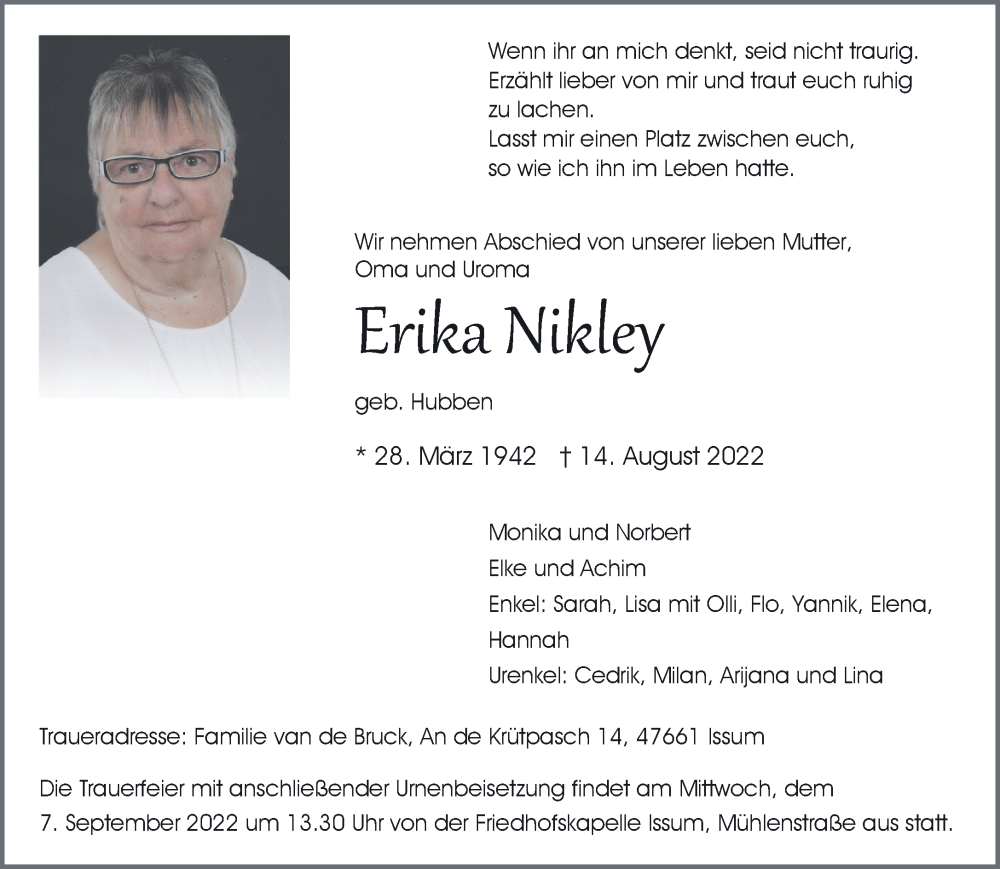  Traueranzeige für Erika Nikley vom 27.08.2022 aus 
