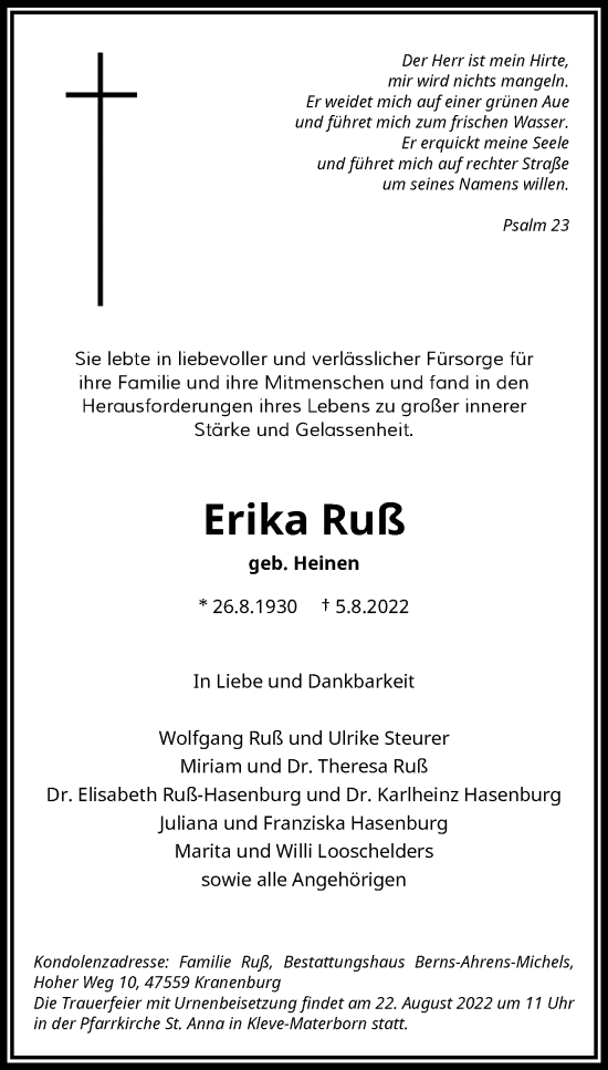 Traueranzeige von Erika Ruß 