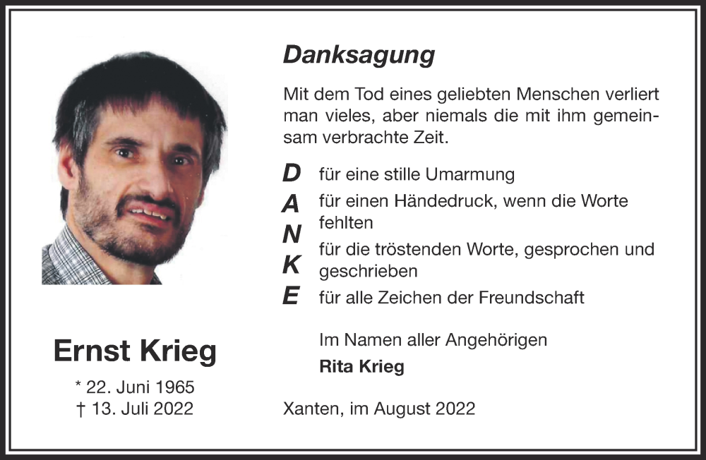  Traueranzeige für Ernst Krieg vom 27.08.2022 aus 