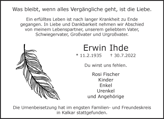 Traueranzeige von Erwin Ihde 