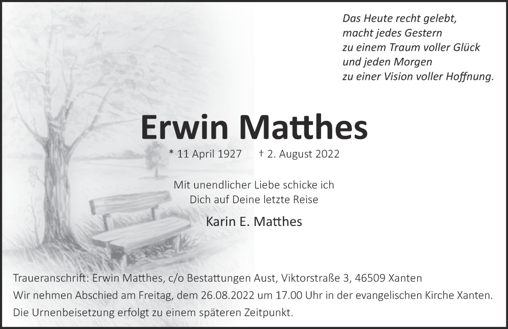 Traueranzeige für Erwin Matthes vom 20.08.2022 aus 