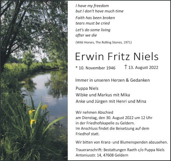 Traueranzeige von Erwin Fritz Niels 