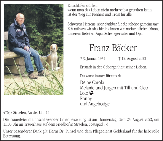 Traueranzeige von Franz Bäcker 