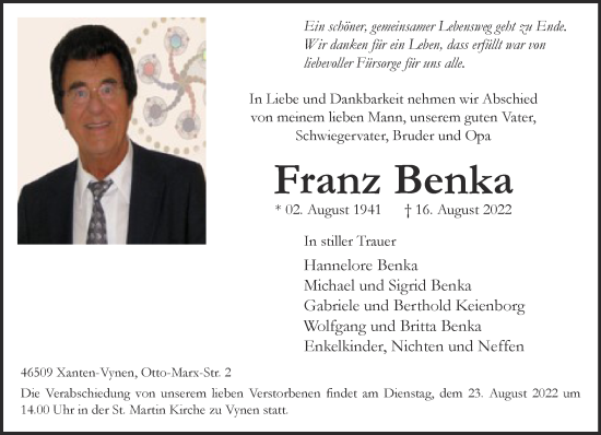 Traueranzeige von Franz Benka 