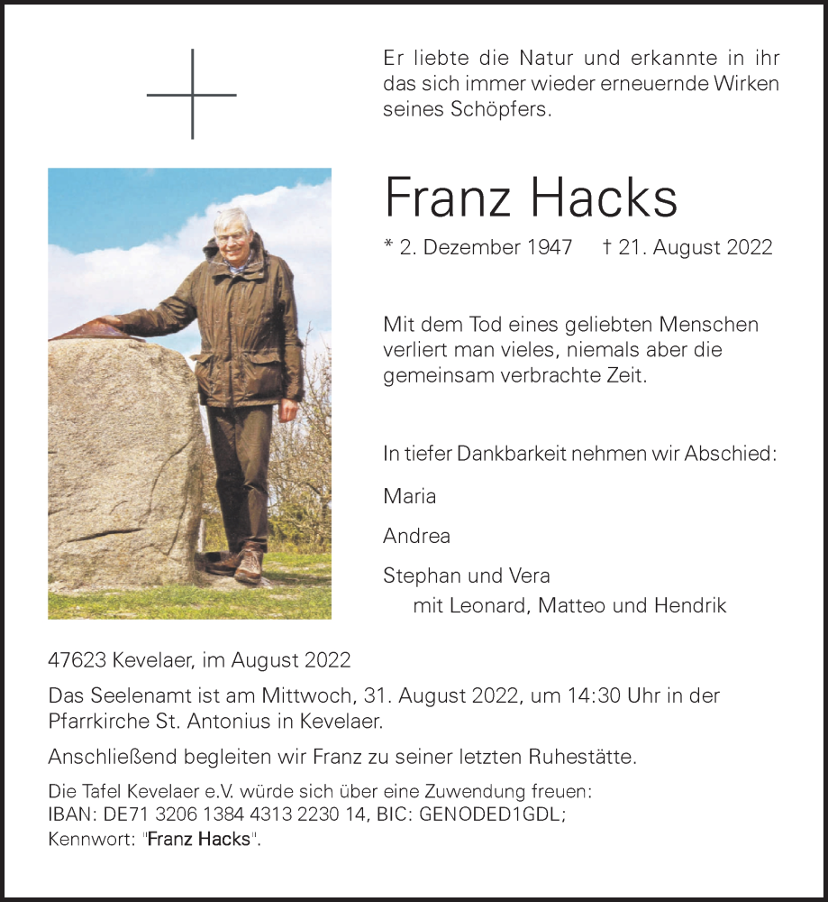  Traueranzeige für Franz Hacks vom 27.08.2022 aus 