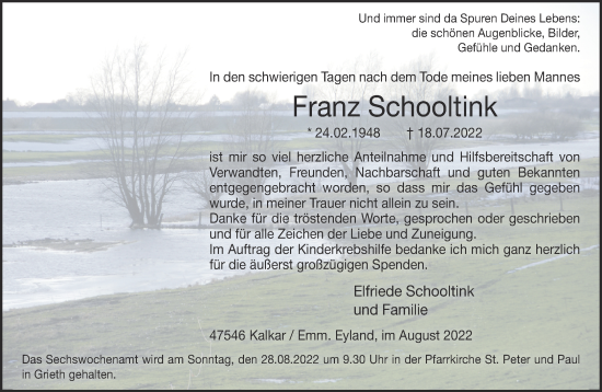 Traueranzeige von Franz Schooltink 