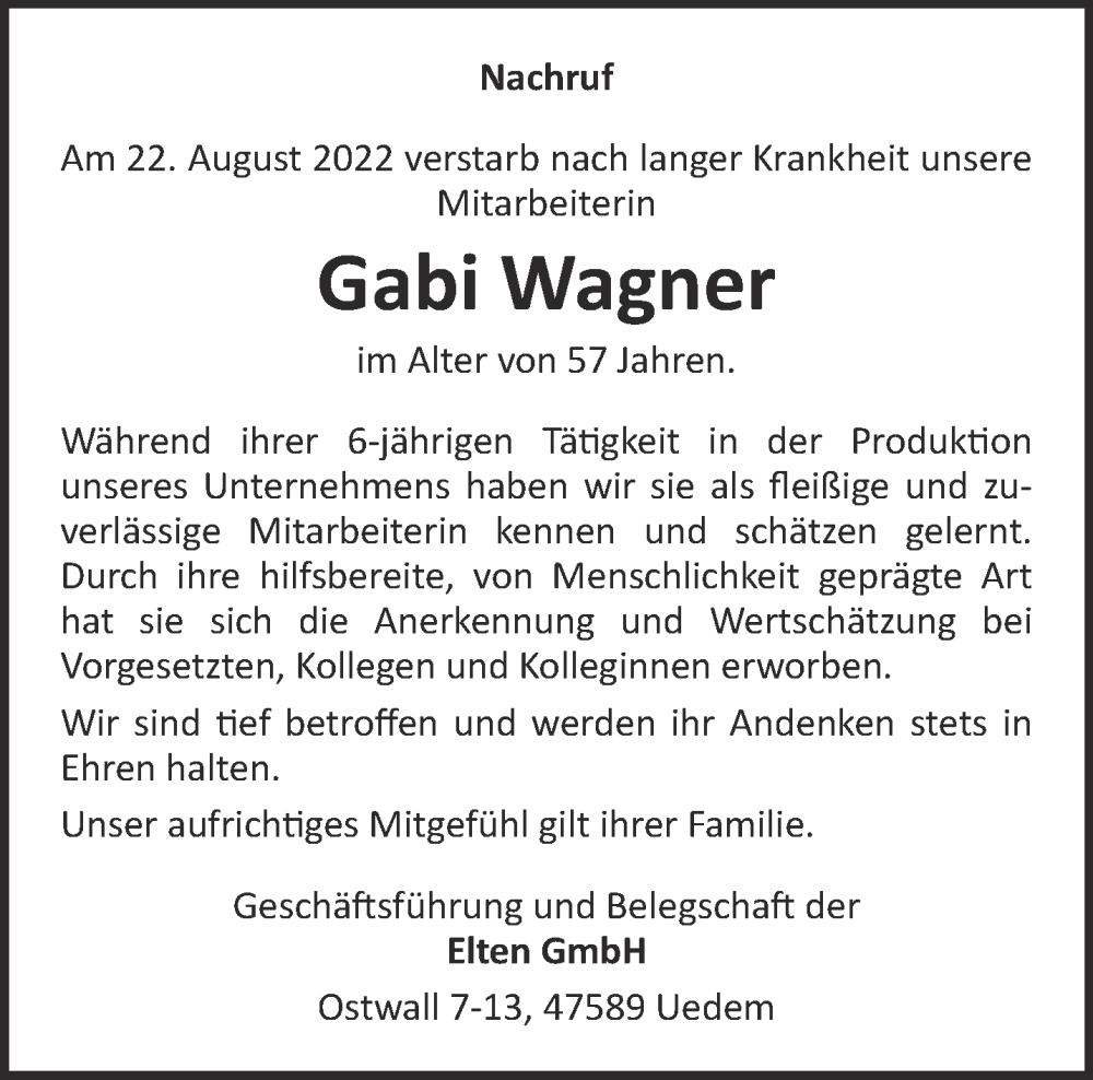  Traueranzeige für Gabi Wagner vom 31.08.2022 aus 