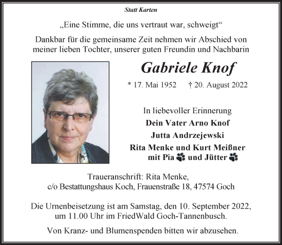 Traueranzeige von Gabriele Knof 