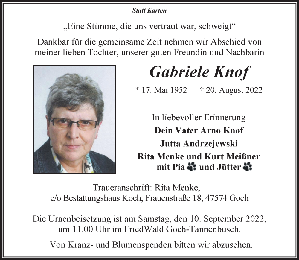  Traueranzeige für Gabriele Knof vom 27.08.2022 aus 