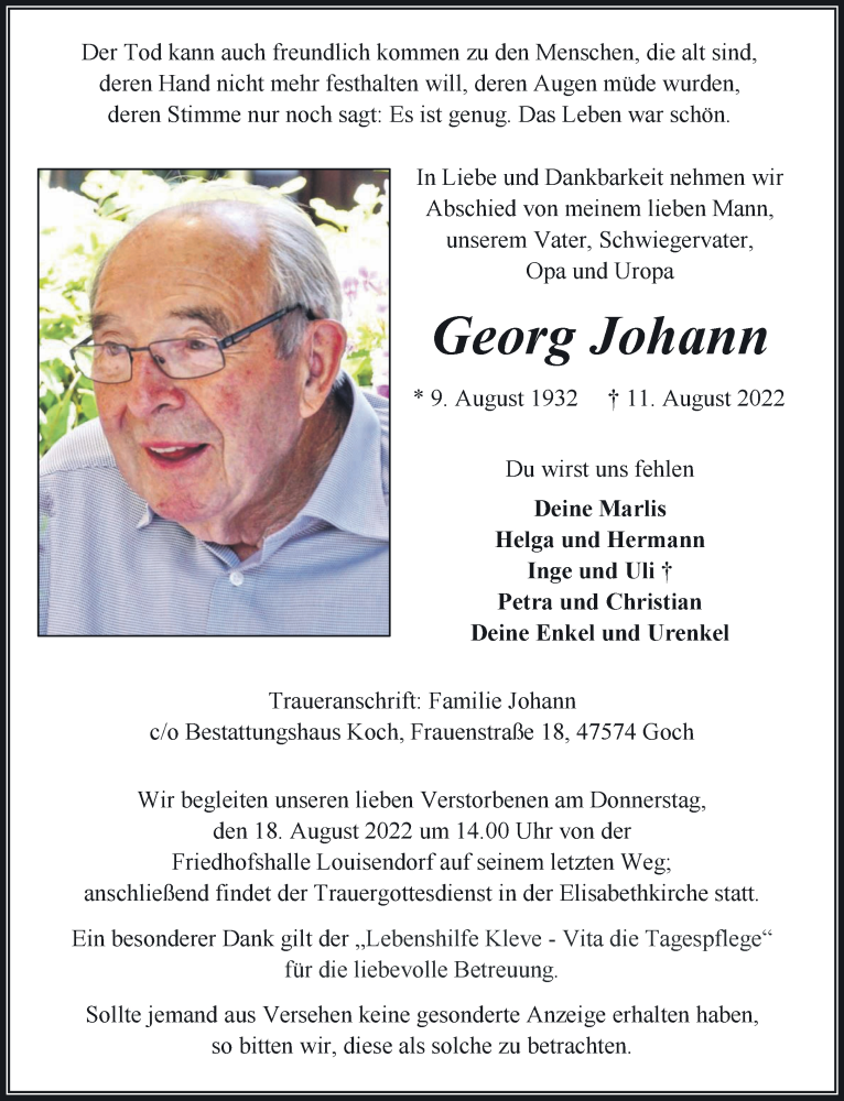  Traueranzeige für Georg Johann vom 17.08.2022 aus 