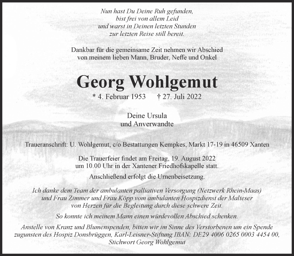  Traueranzeige für Georg Wohlgemut vom 13.08.2022 aus 