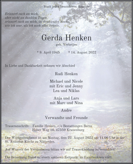 Traueranzeige von Gerda Henken 