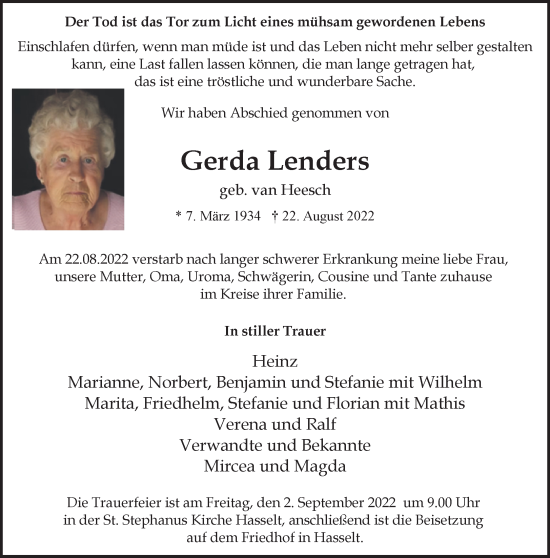 Traueranzeige von Gerda Lenders 