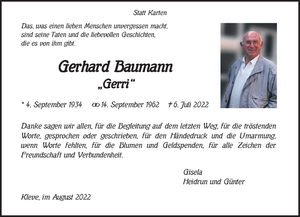  Traueranzeige für Gerhard Baumann vom 20.08.2022 aus 