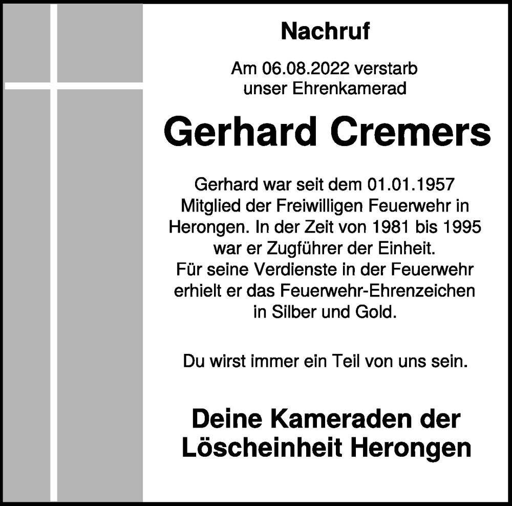  Traueranzeige für Gerhard Cremers vom 13.08.2022 aus 