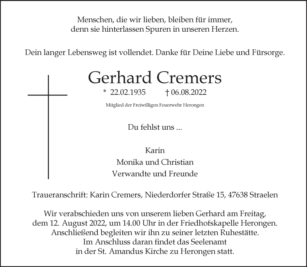  Traueranzeige für Gerhard Cremers vom 10.08.2022 aus 