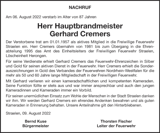 Traueranzeige von Gerhard Cremers 