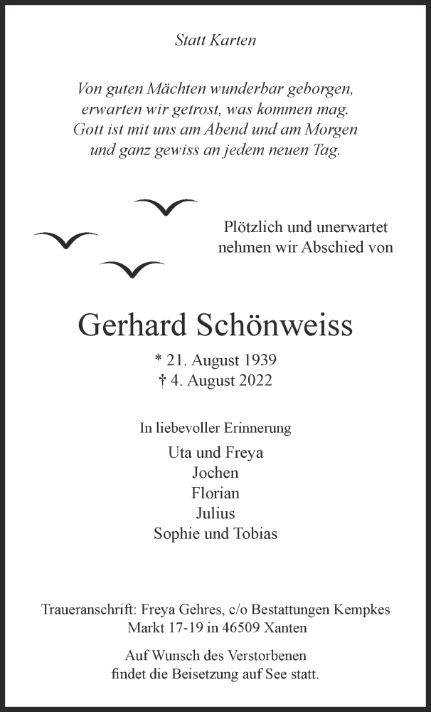  Traueranzeige für Gerhard Schönweiss vom 13.08.2022 aus 