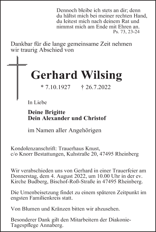 Traueranzeige von Gerhard Wilsing 
