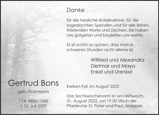 Traueranzeige von Gertrud Bons 