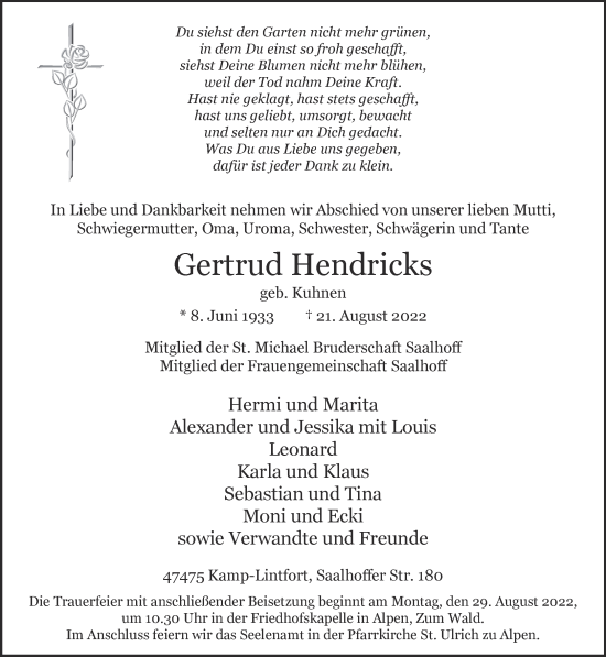 Traueranzeige von Gertrud Hendricks 