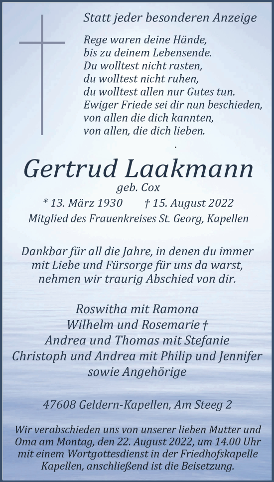 Traueranzeige von Gertrud Laakmann 