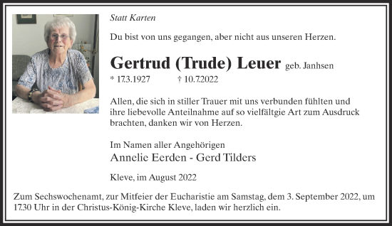 Traueranzeige von Gertrud Leuer 