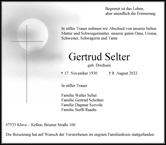 Traueranzeige von Gertrud Selter 