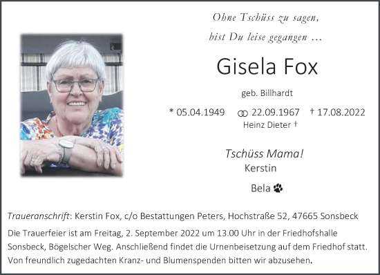 Traueranzeige von Gisela Fox 