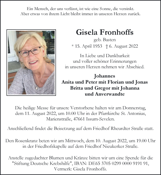 Traueranzeige von Gisela Fronhoffs 