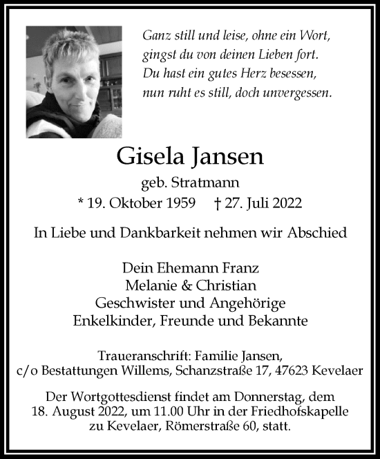 Traueranzeige von Gisela Jansen 