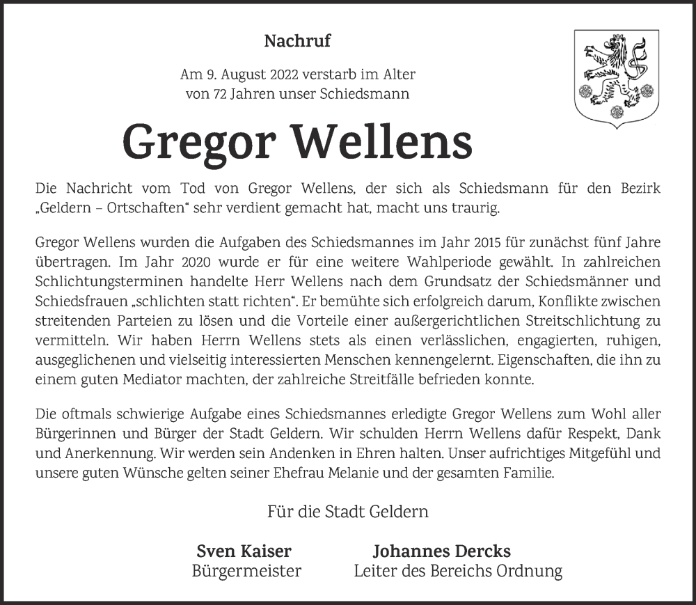 Traueranzeige für Gregor Wellens vom 27.08.2022 aus 