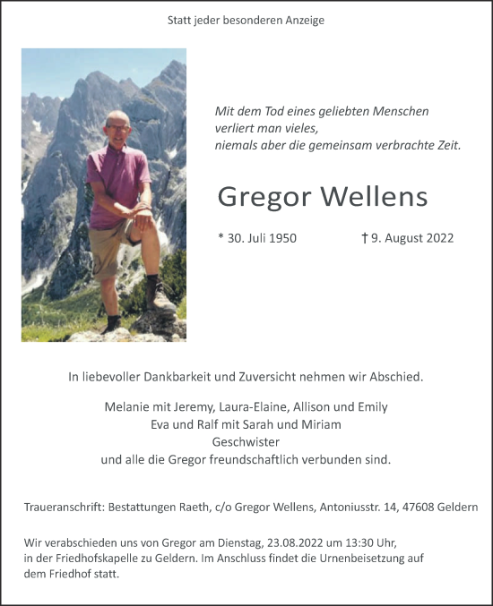 Traueranzeige von Gregor Wellens 