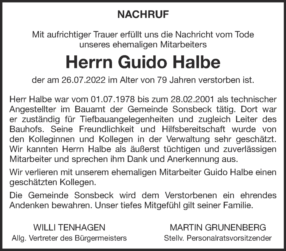  Traueranzeige für Guido Halbe vom 27.08.2022 aus 