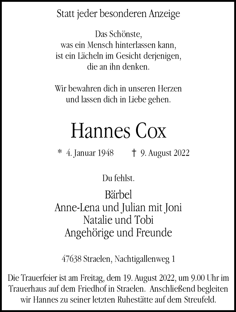  Traueranzeige für Hannes Cox vom 13.08.2022 aus 