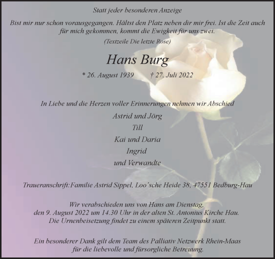 Traueranzeige von Hans Burg 