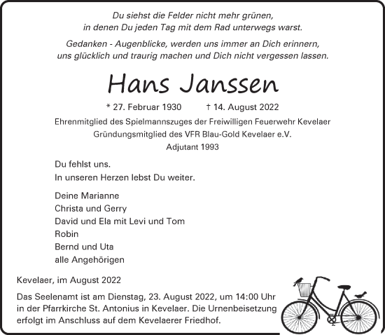 Traueranzeige von Hans Janssen 