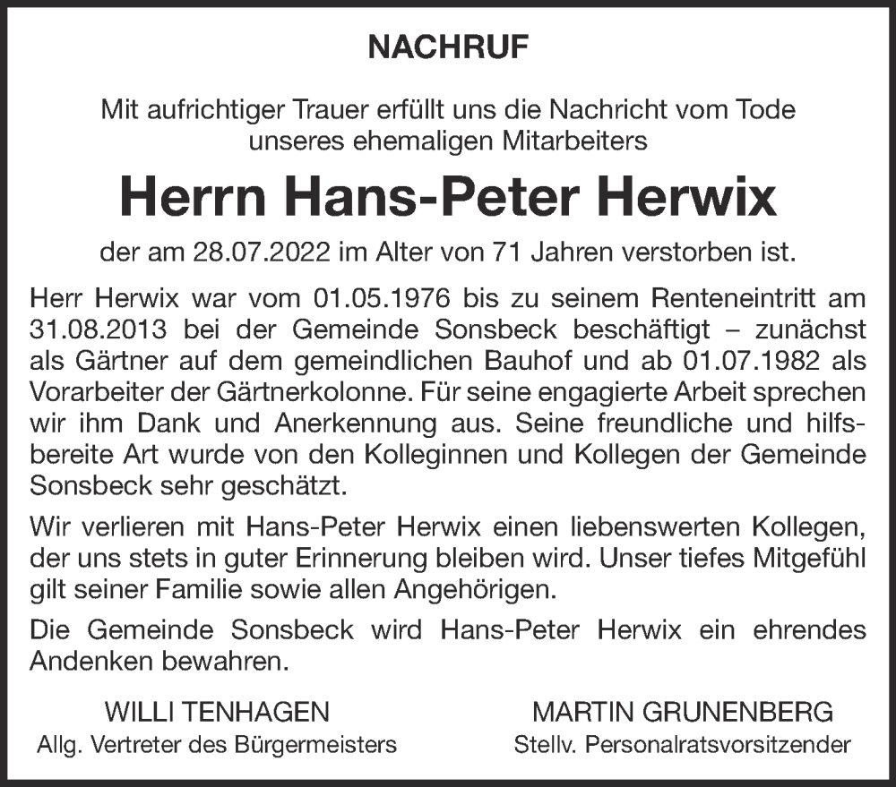  Traueranzeige für Hans-Peter Herwix vom 13.08.2022 aus 