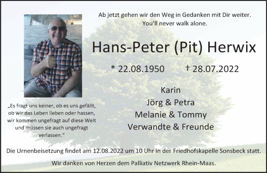 Traueranzeige von Hans-Peter Herwix 