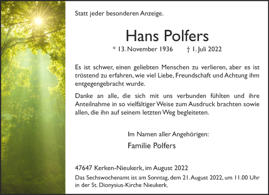 Traueranzeige von Hans Polfers 