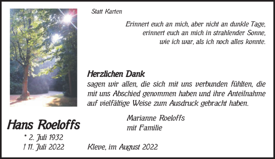 Traueranzeige von Hans Roeloffs 