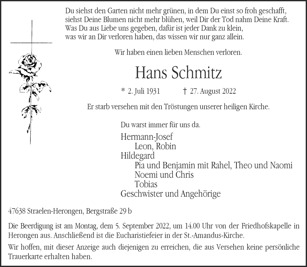  Traueranzeige für Hans Schmitz vom 31.08.2022 aus 