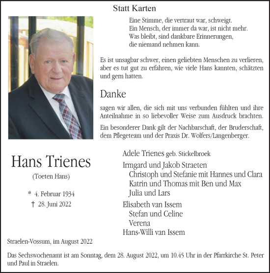 Traueranzeige von Hans Trienes 
