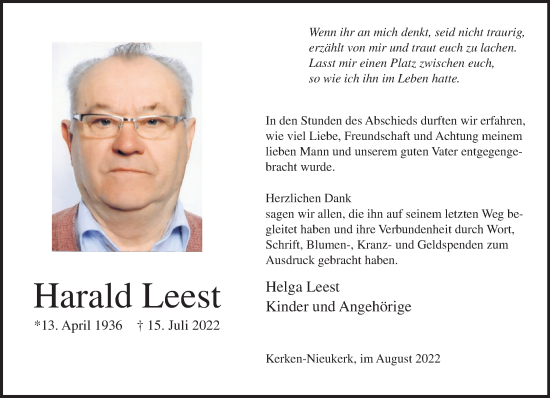Traueranzeige von Harald Leest 