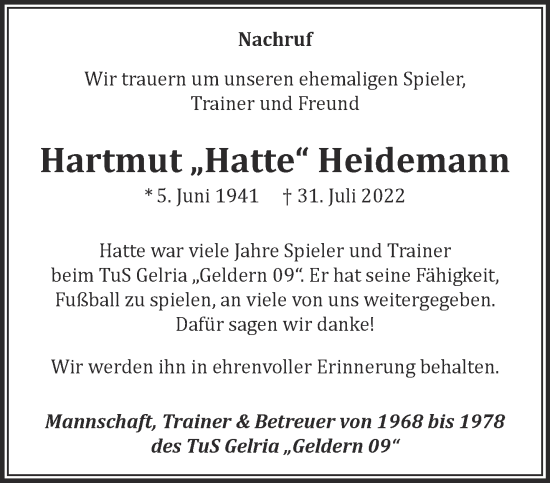 Traueranzeige von Hartmut Heidemann 